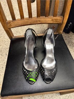 Etienne Aigner Black Peep-Toe Heels with Neon Green Accent